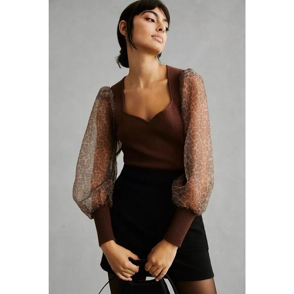 Anthropologie Tops - Anthropologie Sweater Top NWT Dolan Puff-Sleeve Brown Leopard Bustier XXS Blouse
